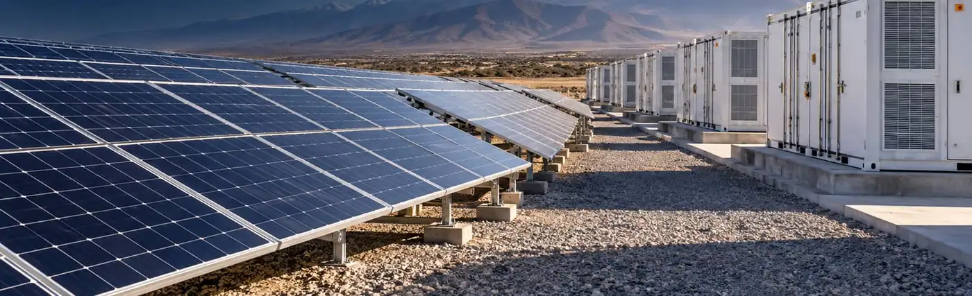 Planta solar con contenedores de almacenamiento en baterías junto a las filas de paneles